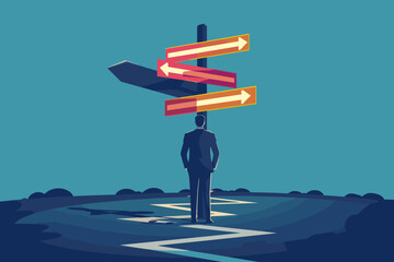 Navigating the Crossroads of Career Decisions: Confused Businessman Facing Multiple Direction Signs on the Path to Success