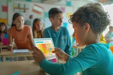 Young student with a tablet in classroom - obrazy, fototapety, plakaty