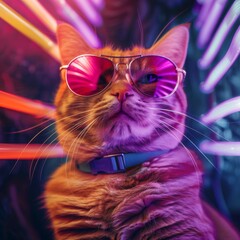 A stylish ginger cat wearing sunglasses reflects vibrant neon lights, exuding a hip and trendy vibe