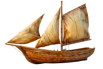 A small wooden sailboat with large sails in a 3D cartoon style.