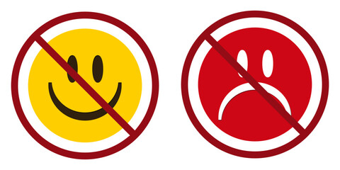 happy and sad face ban prohibit icon. Not allowed emoticons . Forbidden to be happy and sad