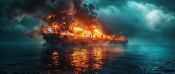 A burning oil tanker in the ocean - 765201558