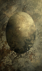 A dark circular shape overlays a distressed textured backdrop with rust-like accents.