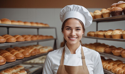 Beautiful young female baker standing in a bakery and smiling at the camera