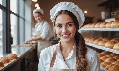 Beautiful young female baker standing in a bakery and smiling at the camera