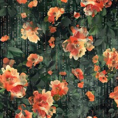 Digital art concept blending blooming orange flowers with cascading matrix-style code creating a unique fusion of nature and technology.