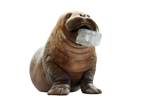 A 3D animated cartoon render of a smiling walrus balancing a giant ice cube on its nose.