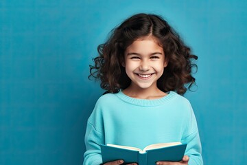 Photo of optimistic happy little girl hold read book study wear pullover isolated on blue color background -  generative ai - obrazy, fototapety, plakaty