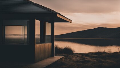 The warm hues of dusk reflect off the glass windows of a lakeside house with mountains in the backdrop.