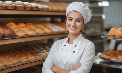 Beautiful young female baker standing in a bakery and smiling at the camera
