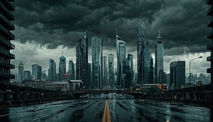 An expansive view of a futuristic city under the threat of a storm, with dramatic clouds accentuating the skyline - obrazy, fototapety, plakaty