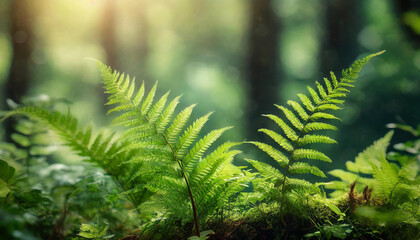 Close-up of green fern growing in forest. Beautiful nature. Spring or summer season. Blurred woods