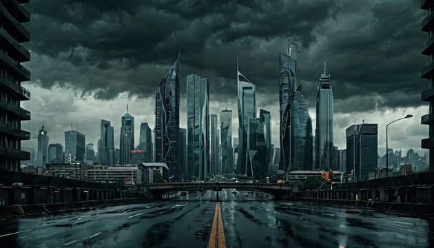 An expansive view of a futuristic city under the threat of a storm, with dramatic clouds accentuating the skyline © video rost