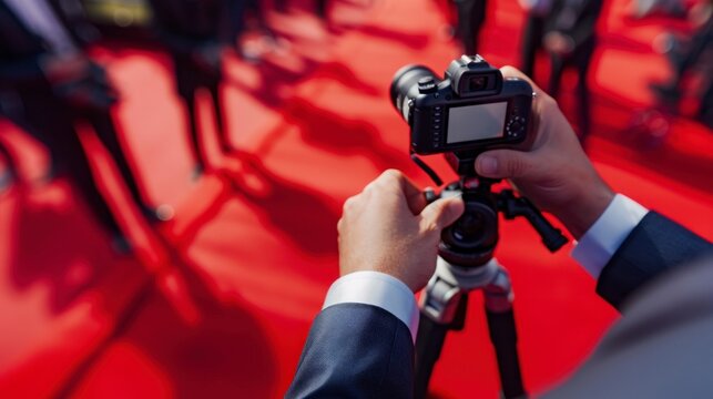 person in a suit taking photos on a red carpet