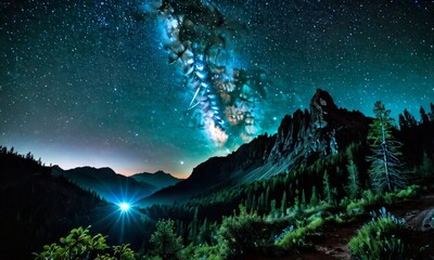 A night sky bedazzled with stars stretches over rugged mountains, with a bright celestial event adding a touch of awe to the serene landscape. - obrazy, fototapety, plakaty