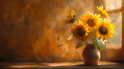 Rolgordijnen  Floral illustration of sunflowers in a vase © Aliyah