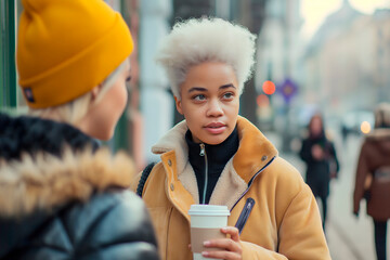 a young black albino woman with a cup of coffee in her hands is having a nice conversation with another woman on a big city street, the concept of diversity of people
