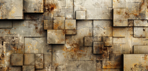 A 3D geometric maze of rusted cubes, evoking industrial beauty and decay.