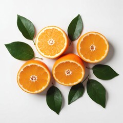 Fresh orange with green leaves on white. Food background. Top view