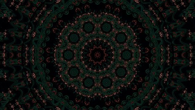 Abstract Kaleidoscope pattern with full colors. Magic mandala. 4k of smooth lines waves glittering light effect on round shape in center, black background 