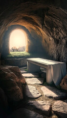 Easter Sunday. Resurrection of Jesus Christ in Holy Week. He has risen. Empty tomb	