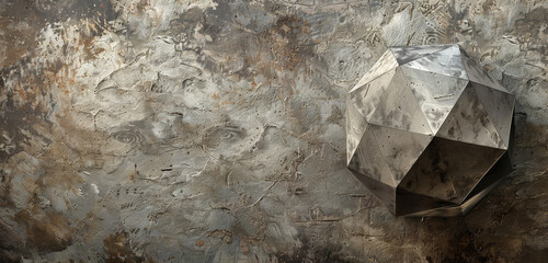A metallic polyhedral object against a rugged concrete textured wall.