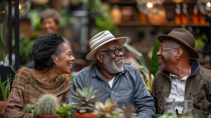 A group of retired African Americans share laughter and pleasant moments on a cafe terrace. Active retirement, healthy aging lifestyle.