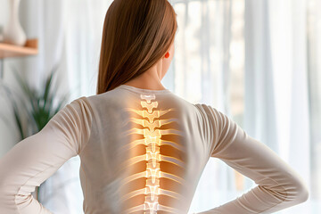 Woman Has A Back Ache, X-Ray Of Spine Discs, Degenerative Disease Or Scoliosis, Muscle Strain, Osteoporosis, - obrazy, fototapety, plakaty