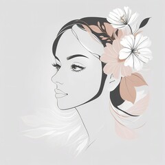 Abstract female face in one line. Woman face with flowers Surreal Line art female floral girl. Minimalism Abstract modern Continuous single line woman face portrait
