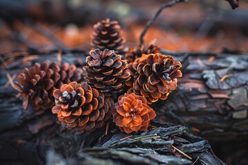 a group of pine cones on a tree stump - Powered by Adobe