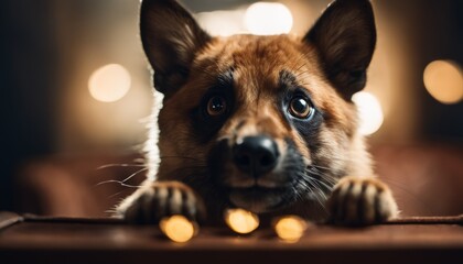 Intense gaze of a dog watching over glowing Bitcoin coins, a metaphor for vigilance in crypto stewardship. - obrazy, fototapety, plakaty