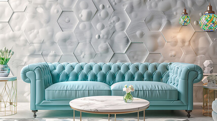A cozy living room with a plush turquoise sofa, marble table, and elegant 