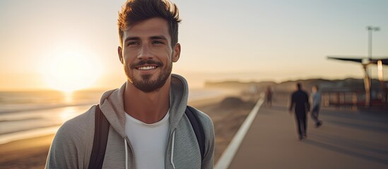 An adult male with facial hair and a backpack is wandering on a sandy coastline - obrazy, fototapety, plakaty