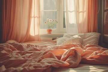 A cozy bedroom with a bed dressed in soft peach fuzz, a bedroom with cool decoration, a bedroom interior, a bedroom and decorative bed, comfortable bedroom and bed