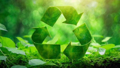 Green recycle symbol, plant leaves, natural bokeh. Recycling sign for world protection, eco environment.