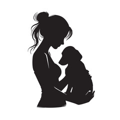 sketch of Girl and Her Pet Silhouettes, Girl Caring for Pets in Silhouette, Girl and Pet Silhouette Illustration, Girl with Pet Shadows,  Girl with Pet sketch, Black and White Silhouette Illustration