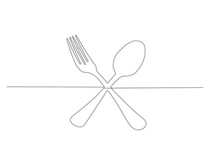 Continuous Line Drawing Of Spoon And Fork. One Line Of Spoon And Fork. Silverware Continuous Line Art. Editable Outline.