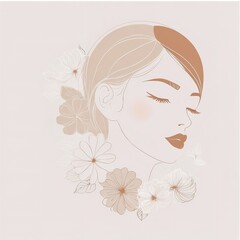 Abstract female face in one line. Woman face with flowers Surreal Line art female floral girl. Minimalism Abstract modern Continuous single line woman face portrait
