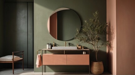 minimalist bathroom interior, coral green walls, with mirror.
