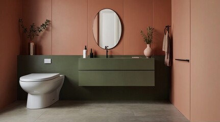 Fototapeta na wymiar minimalist bathroom interior, coral green walls, with mirror.