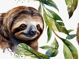 Fototapeta premium Jungle Leisure: Watercolor Painting of a Content Sloth Amongst Leaves