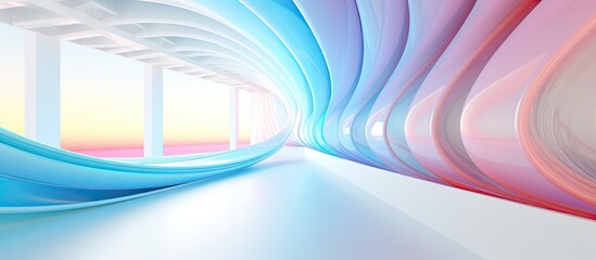Using tints and shades of electric blue and magenta, this aquathemed tunnel art features symmetry, circular patterns, and a futuristic font design, creating a rainbow of colors in 3D rendering