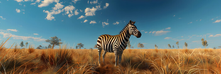 Fototapeta na wymiar Black and White Stripes in the Wild: Solitary Zebra in the Wide Open Savannah against a Vivid Blue Sky