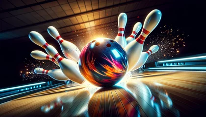 Foto op Canvas A glossy bowling ball as it hits the front pin in a bowling alley. The image emphasizes the explosive impact and scattering of the pins. © Jakob