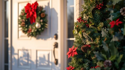 Fototapeta na wymiar Christmas decoration wreath hanging on door