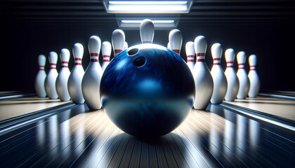 A glossy bowling ball as it hits the front pin in a bowling alley. The image emphasizes the explosive impact and scattering of the pins. - obrazy, fototapety, plakaty