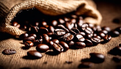 Rich, dark coffee beans spill from a burlap sack onto a textured surface, capturing the essence of fresh, quality coffee. - obrazy, fototapety, plakaty