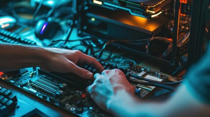 Hand of technician repairing a computer, process replacing the components