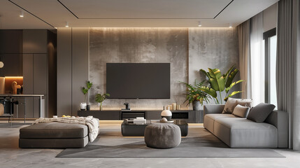 The interior of a modern living room with comfortable seating and a large TV mounted 