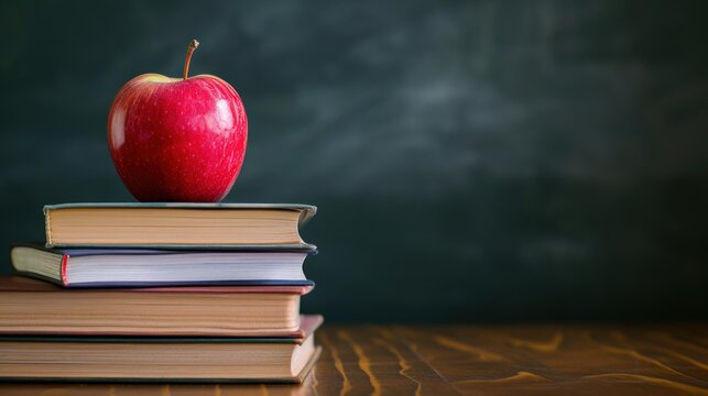 Stacking books with a red apple in the classroom in front of black board - Powered by Adobe